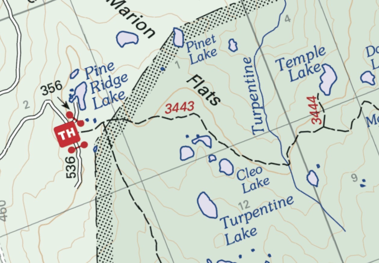 2D map of trails 3443 and 3444 to Temple Lake